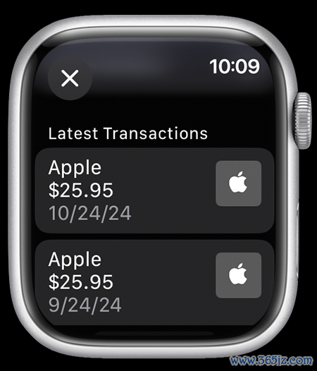 Apple Watch 显示了“钱包”App，以及 Apple 账户的“近期交易”。
