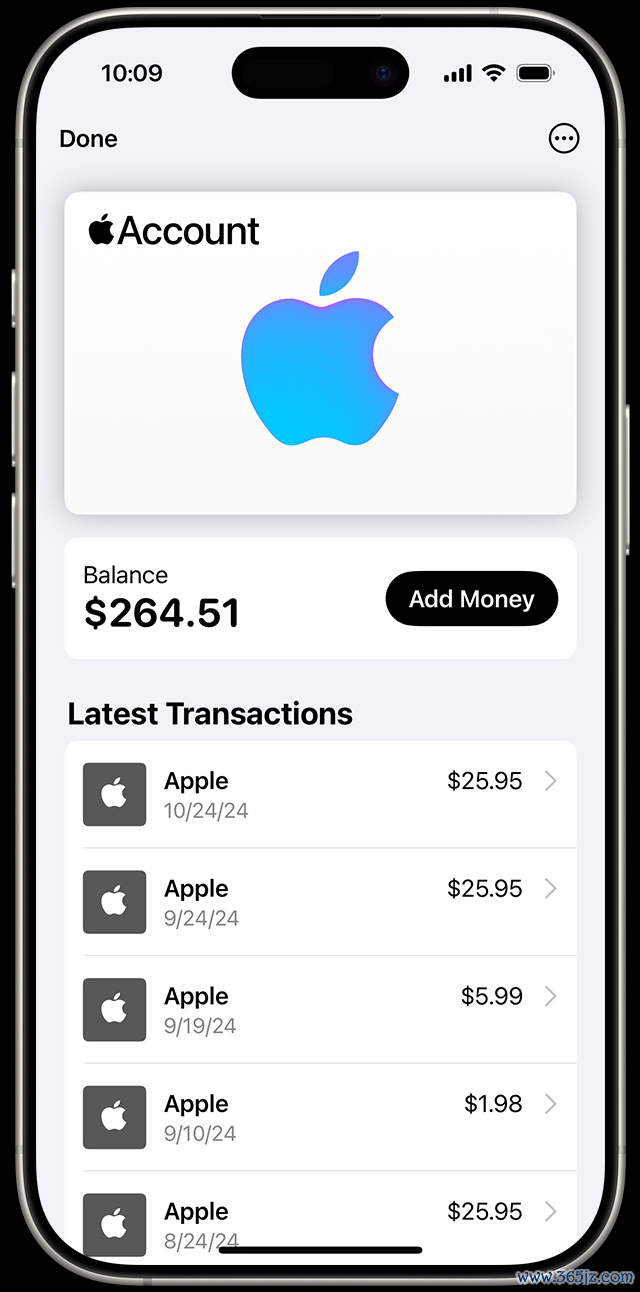 iPhone 16 Pro 显示了“钱包”App，以及 Apple 账户的“近期交易”。